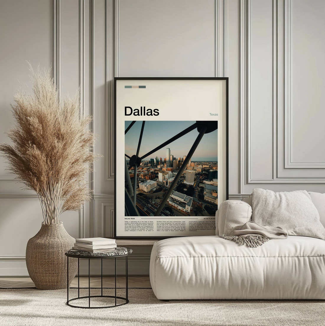 Dallas Skyline Through Steel Frame Travel Print framed on the wall of a calm, neutral bedroom