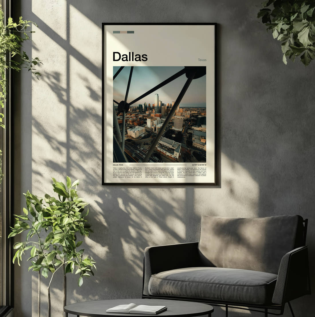 Dallas Skyline Through Steel Frame Travel Print framed on the wall of a relaxed living room