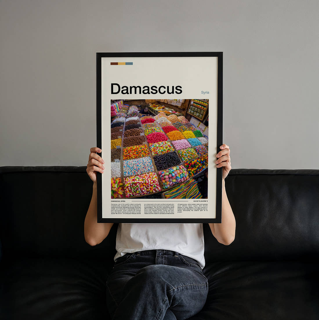 Damascus Spice Market Stall Travel Print held up by hand to show the size of the print