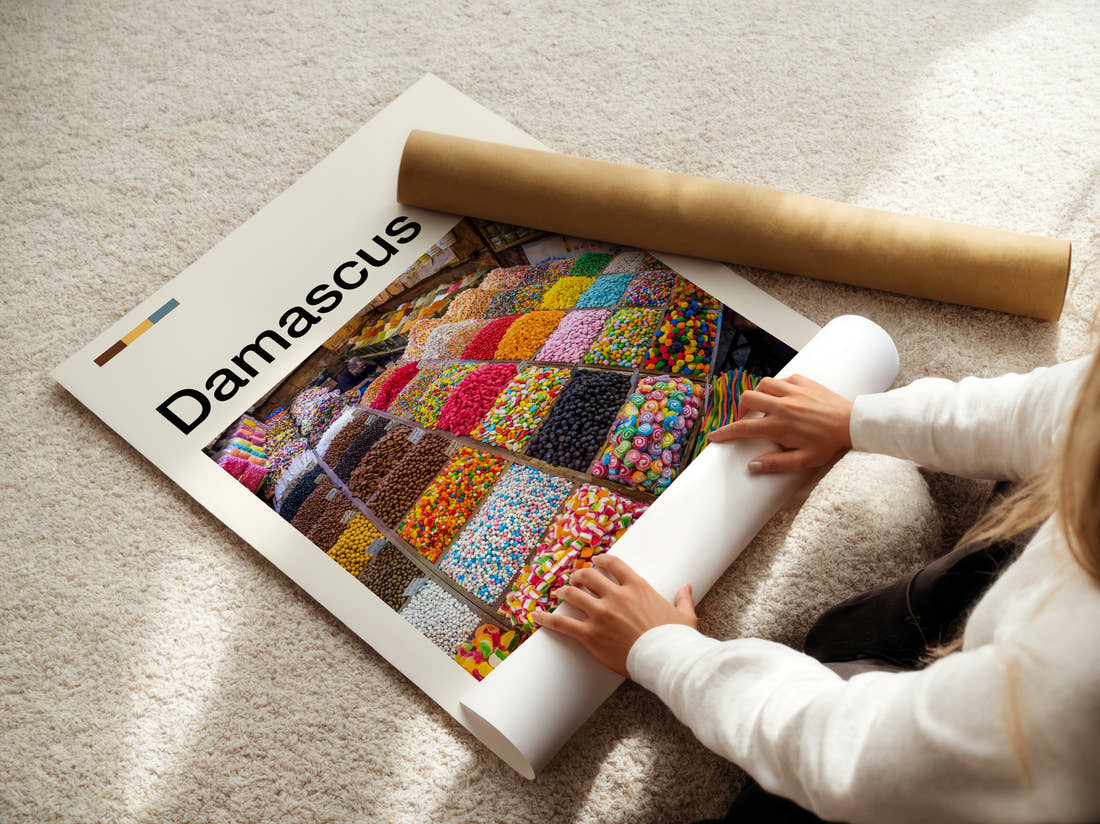 Damascus Spice Market Stall Travel Print being unrolled from its postal tube