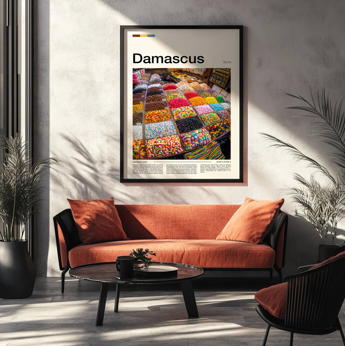 Damascus Spice Market Stall Travel Print framed on the wall of a modern living room