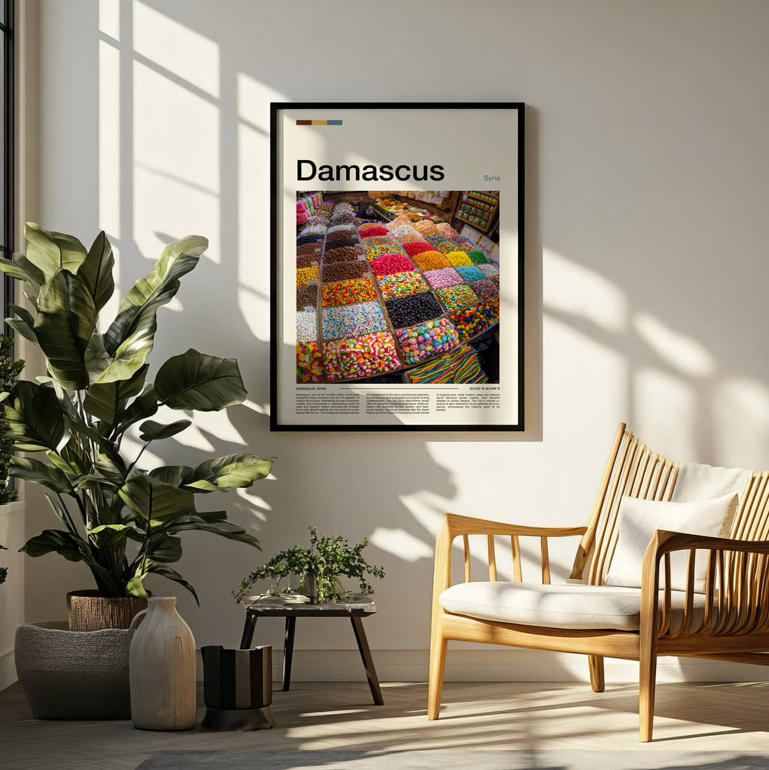 Damascus Spice Market Stall Travel Print framed on a pale wall beside houseplants