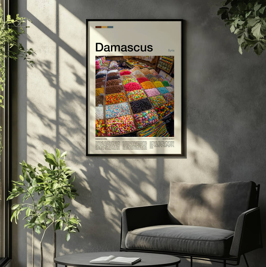 Damascus Spice Market Stall Travel Print framed on the wall of a relaxed living room