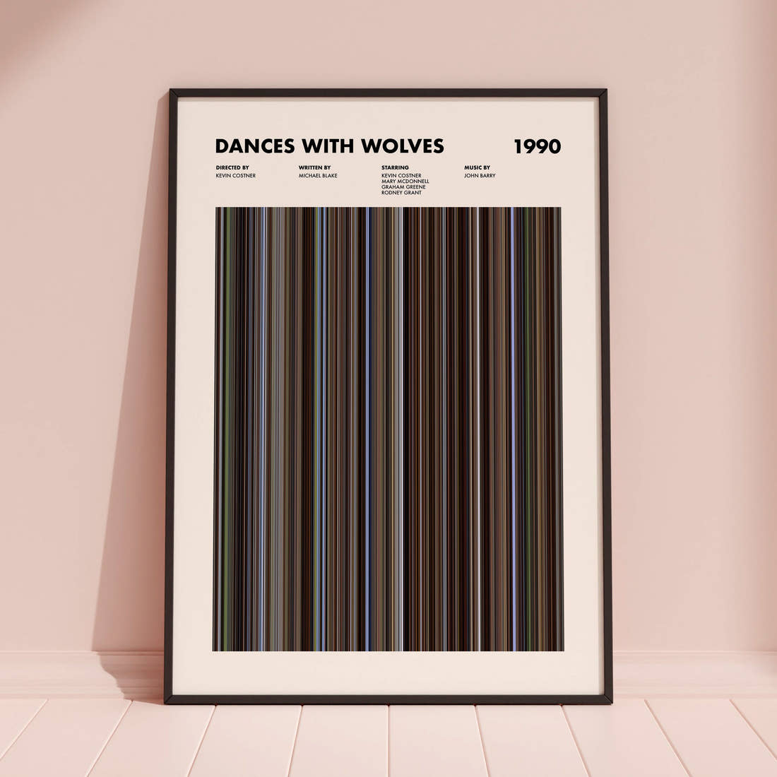 Dances With Wolves Movie Barcode Poster framed and leaning against a coloured wall