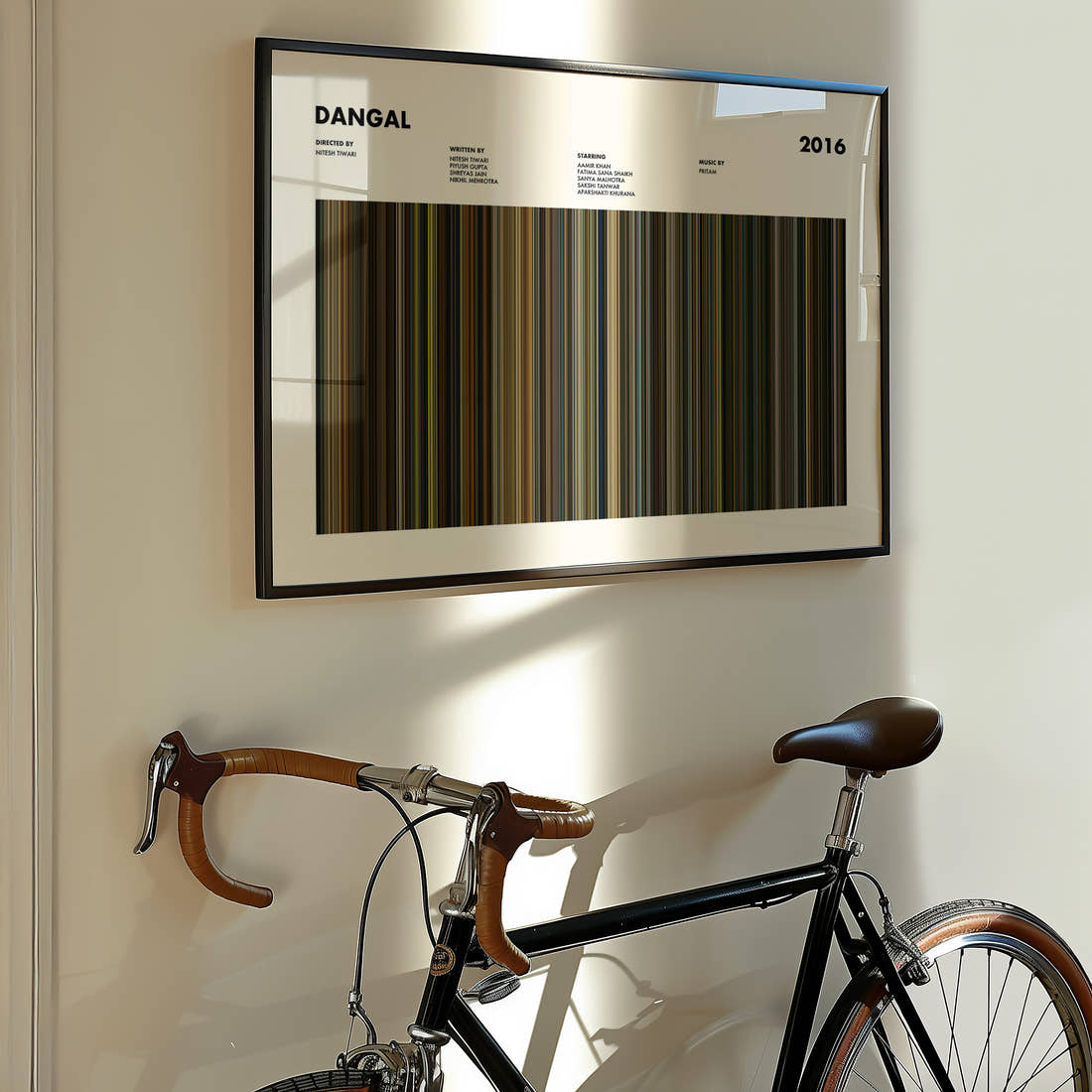 Dangal Movie Barcode Poster framed on the wall of a styled room setting