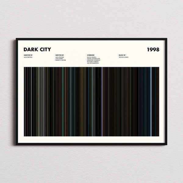 Dark City Movie Barcode Poster framed and photographed straight on
