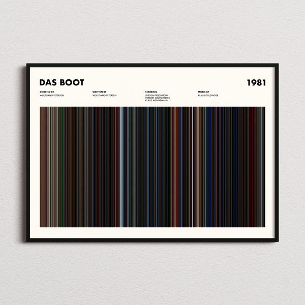 Das Boot Movie Barcode Poster framed and photographed straight on