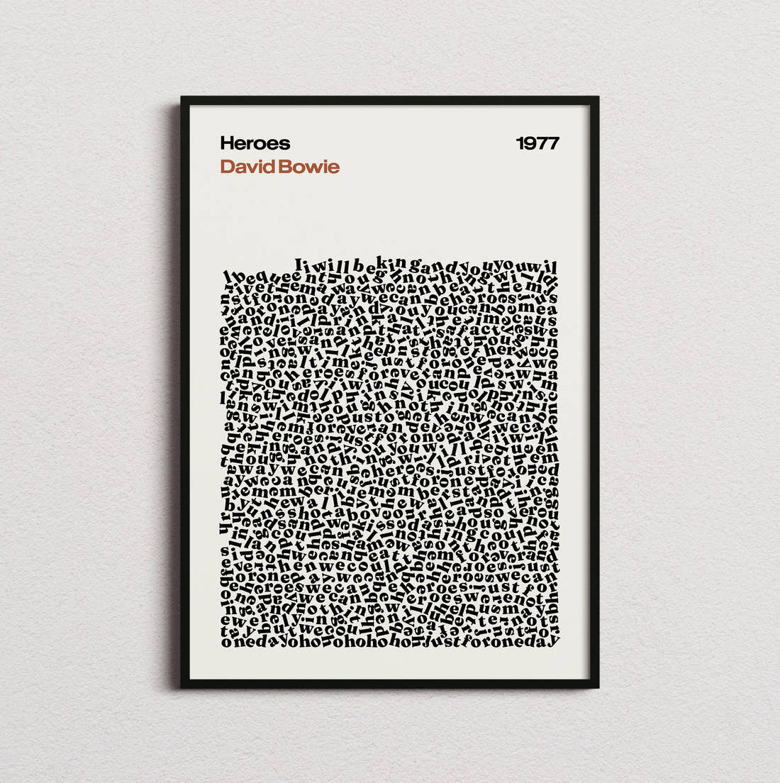 David Bowie Heroes Lyric Print in the cream colourway, framed