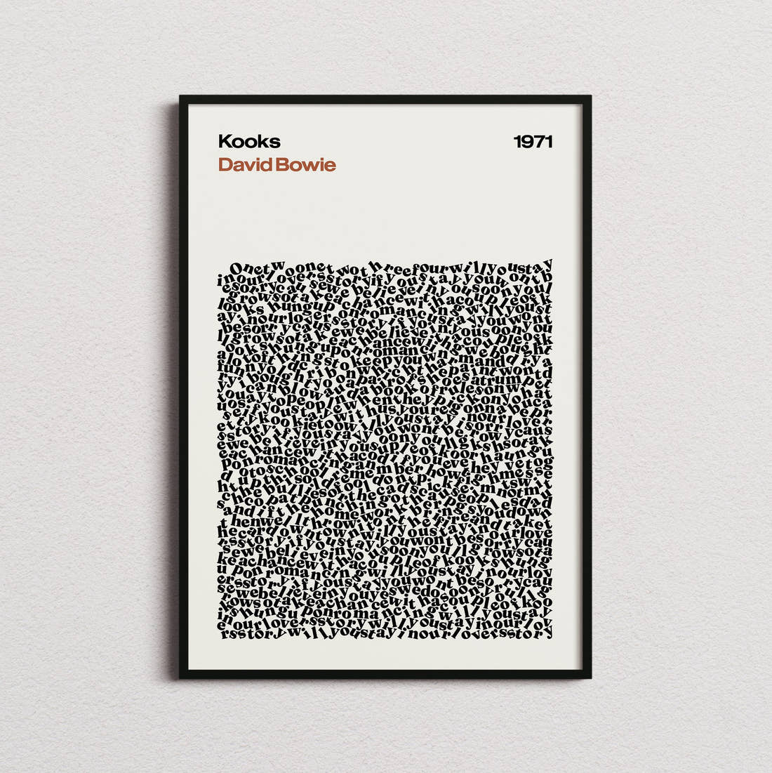 David Bowie Kooks Lyric Print in the cream colourway, framed