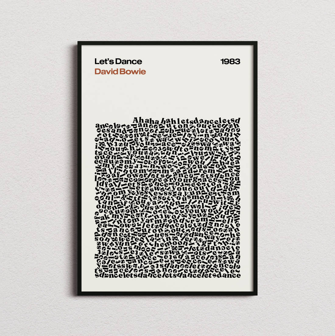 David Bowie Let's Dance Lyric Print in the cream colourway, framed