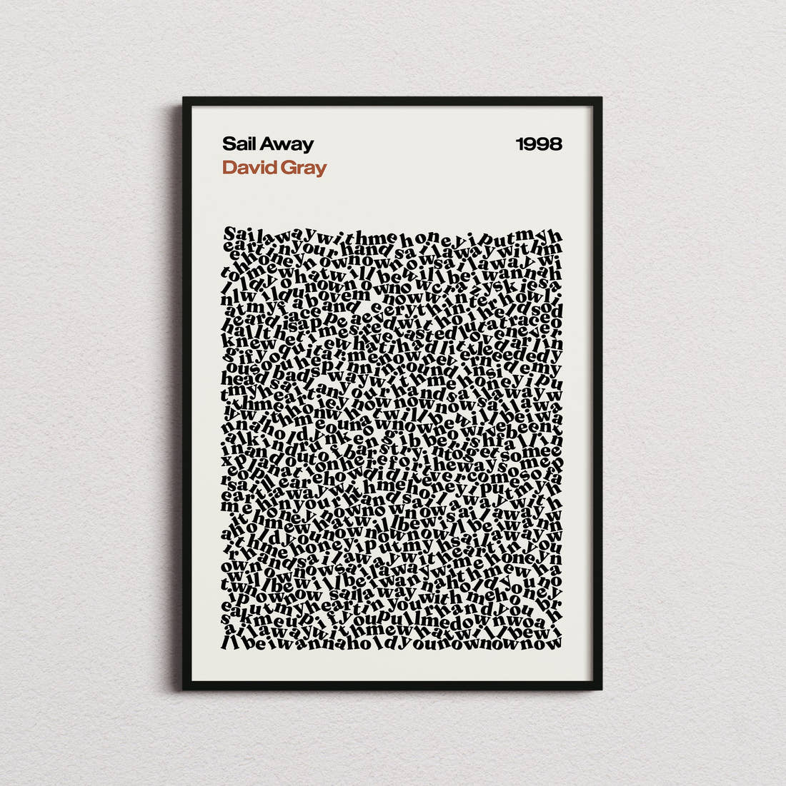 David Gray Sail Away Lyric Print in the cream colourway, framed
