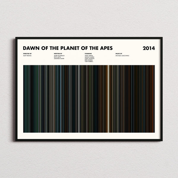 Dawn of the Planet of the Apes Movie Barcode Poster framed and photographed straight on