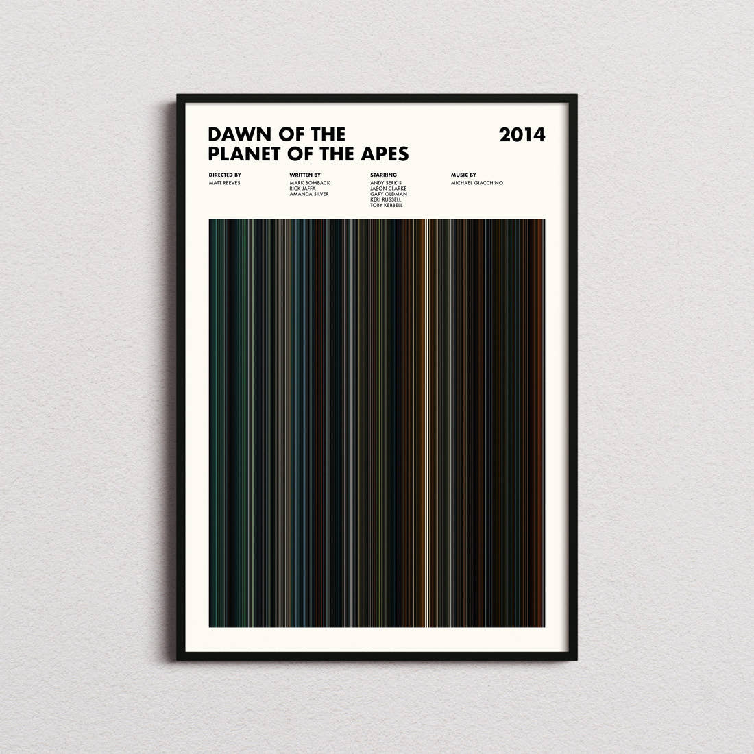 Dawn of the Planet of the Apes Movie Barcode Poster framed on a plain studio wall