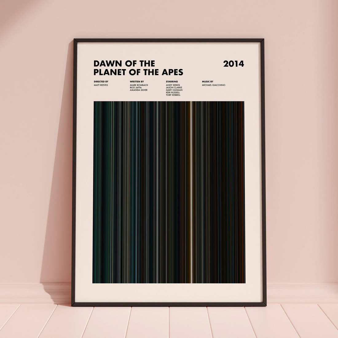 Dawn of the Planet of the Apes Movie Barcode Poster framed and leaning against a coloured wall