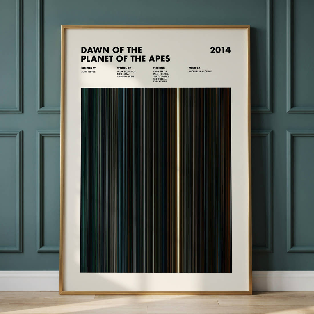 Dawn of the Planet of the Apes Movie Barcode Poster framed and leaning against a panelled wall