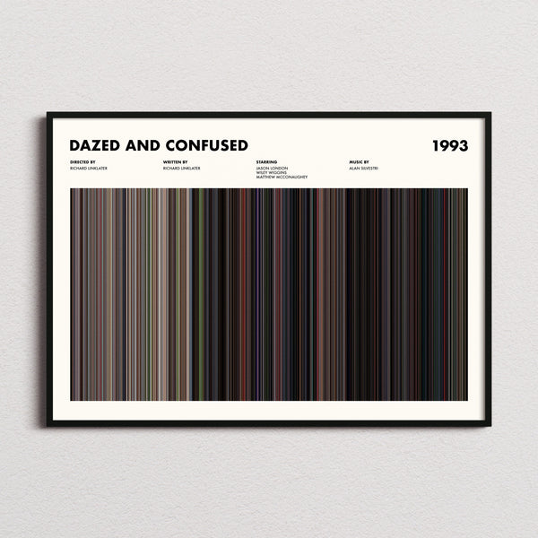 Dazed And Confused Movie Barcode Poster framed and photographed straight on
