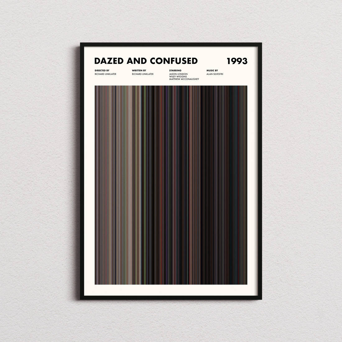 Dazed And Confused Movie Barcode Poster framed on a plain studio wall