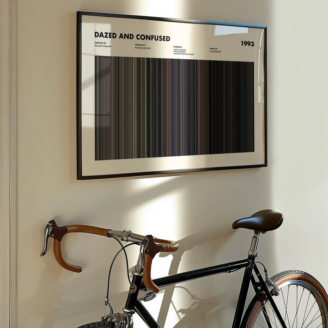 Dazed And Confused Movie Barcode Poster framed on the wall of a styled room setting
