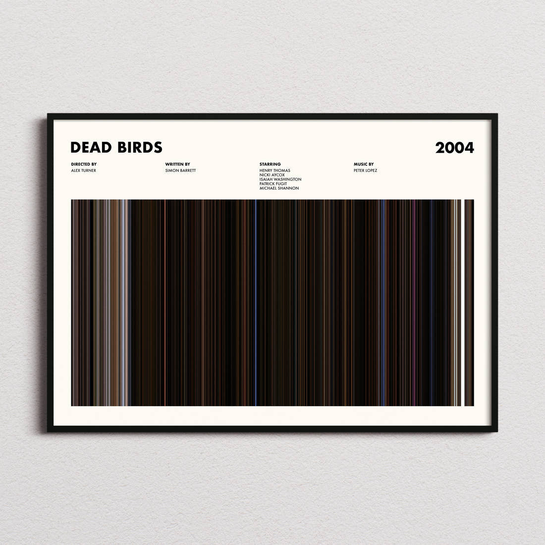 Dead Birds Movie Barcode Poster framed and photographed straight on