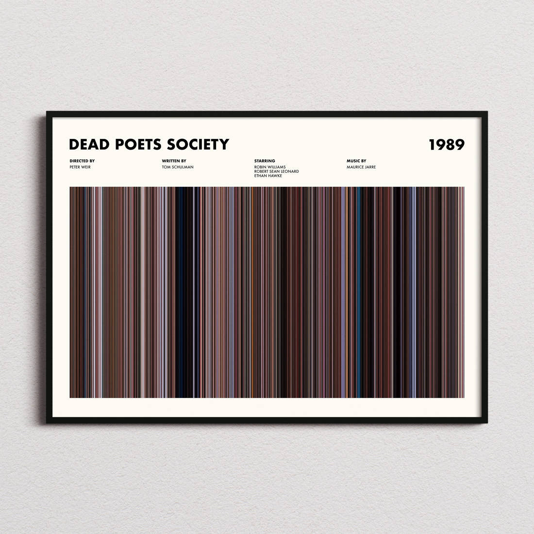 Dead Poets Society Movie Barcode Poster framed and photographed straight on