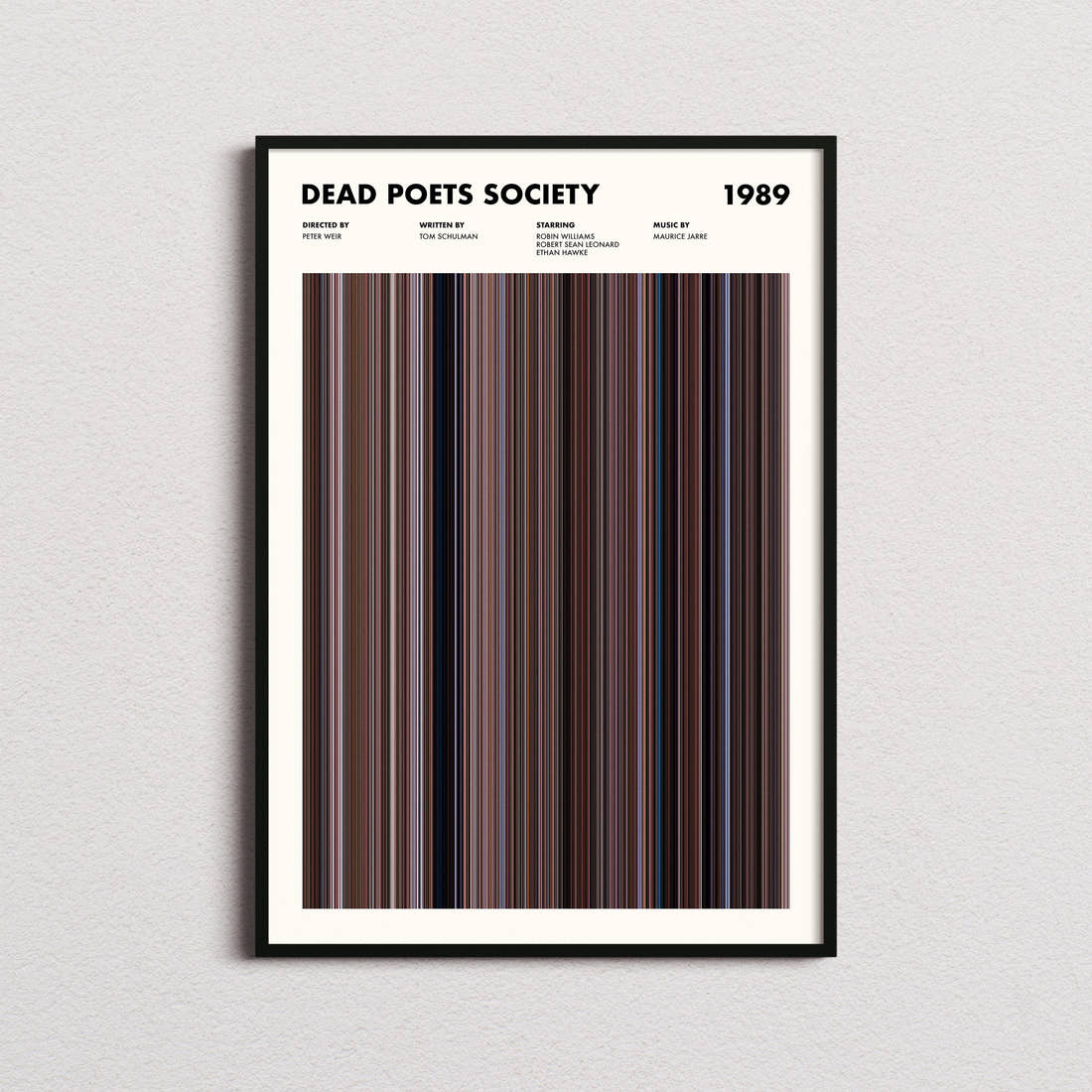 Dead Poets Society Movie Barcode Poster framed on a plain studio wall