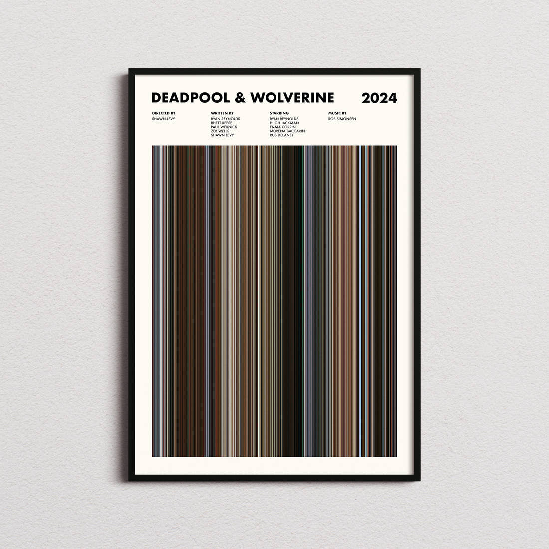 Deadpool & Wolverine Movie Barcode Poster framed on a plain studio wall
