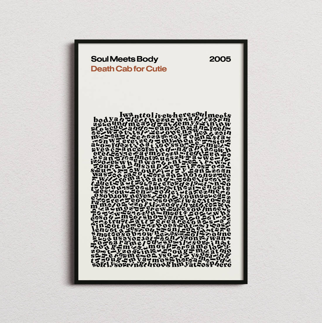 Death Cab for Cutie Soul Meets Body Lyric Print in the cream colourway, framed