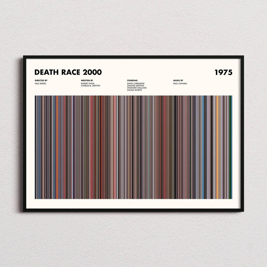 Death Race 2000 Movie Barcode Poster framed and photographed straight on