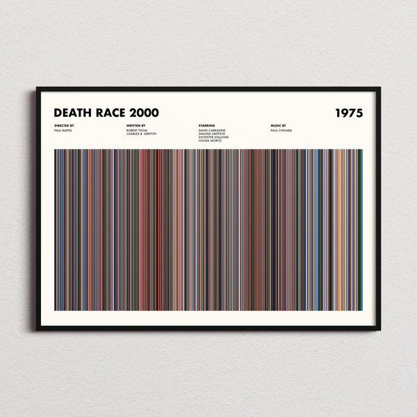 Death Race 2000 Movie Barcode Poster framed and photographed straight on