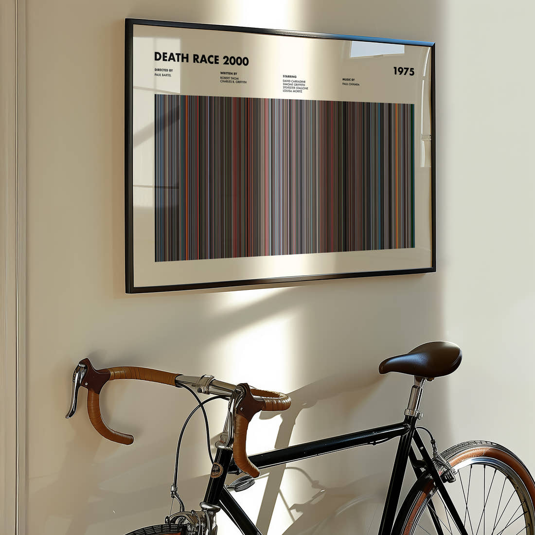 Death Race 2000 Movie Barcode Poster framed on the wall of a styled room setting