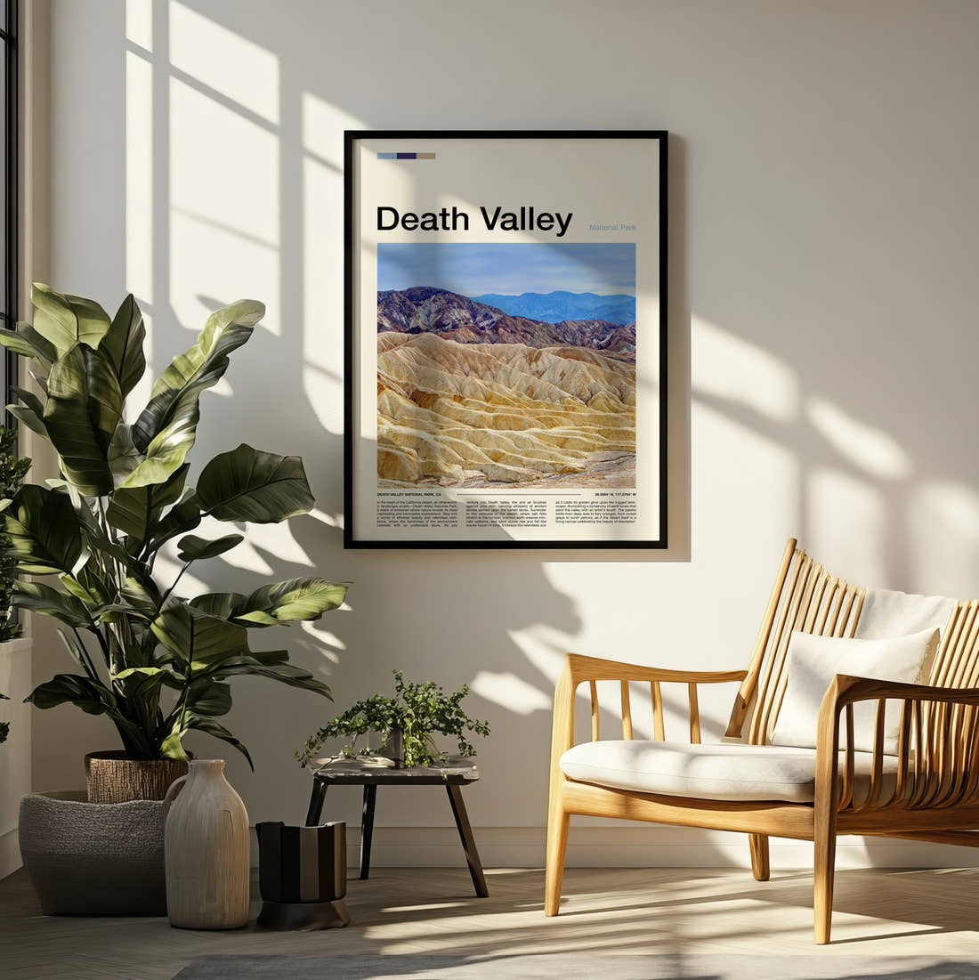 Death Valley Zabriskie Point Travel Print framed on a pale wall beside houseplants