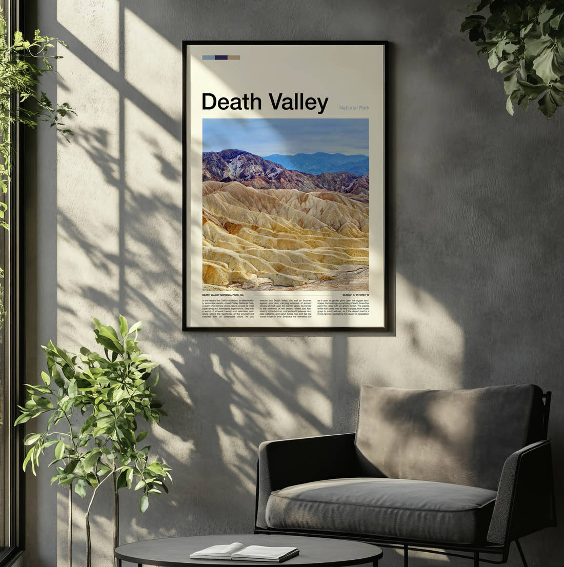 Death Valley Zabriskie Point Travel Print framed on the wall of a relaxed living room