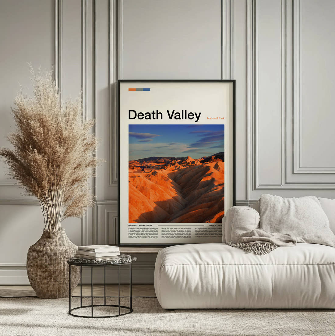 Death Valley Orange Desert Ridges Travel Print framed on the wall of a calm, neutral bedroom