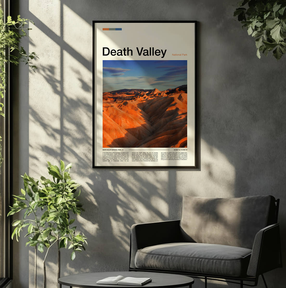 Death Valley Orange Desert Ridges Travel Print framed on the wall of a relaxed living room