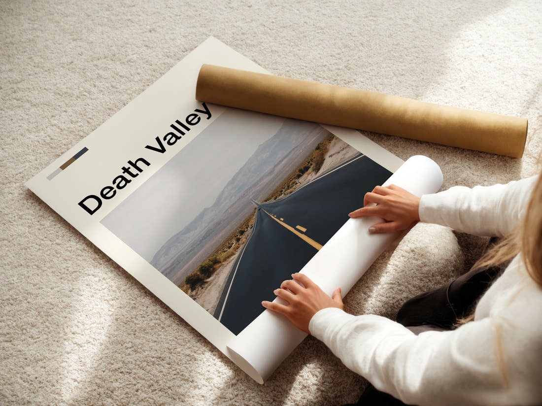 Death Valley Desert Road Travel Print being unrolled from its postal tube