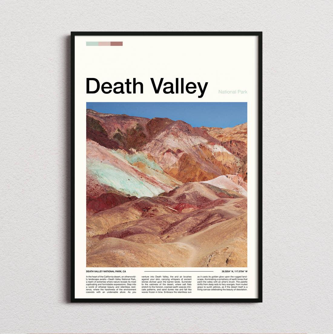 Death Valley Colourful Mineral Hills Travel Print framed and photographed straight on