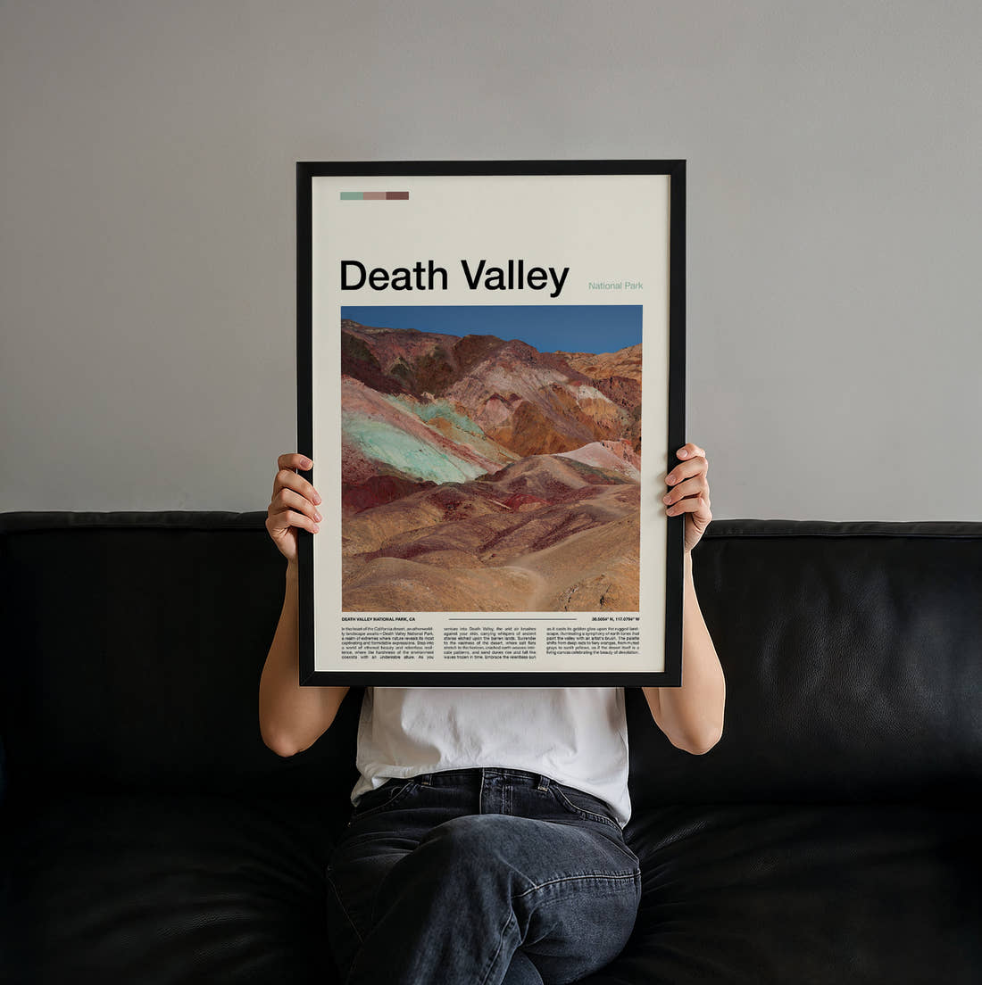 Death Valley Colourful Mineral Hills Travel Print held up by hand to show the size of the print