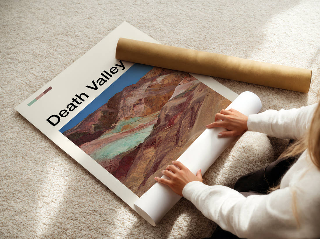 Death Valley Colourful Mineral Hills Travel Print being unrolled from its postal tube