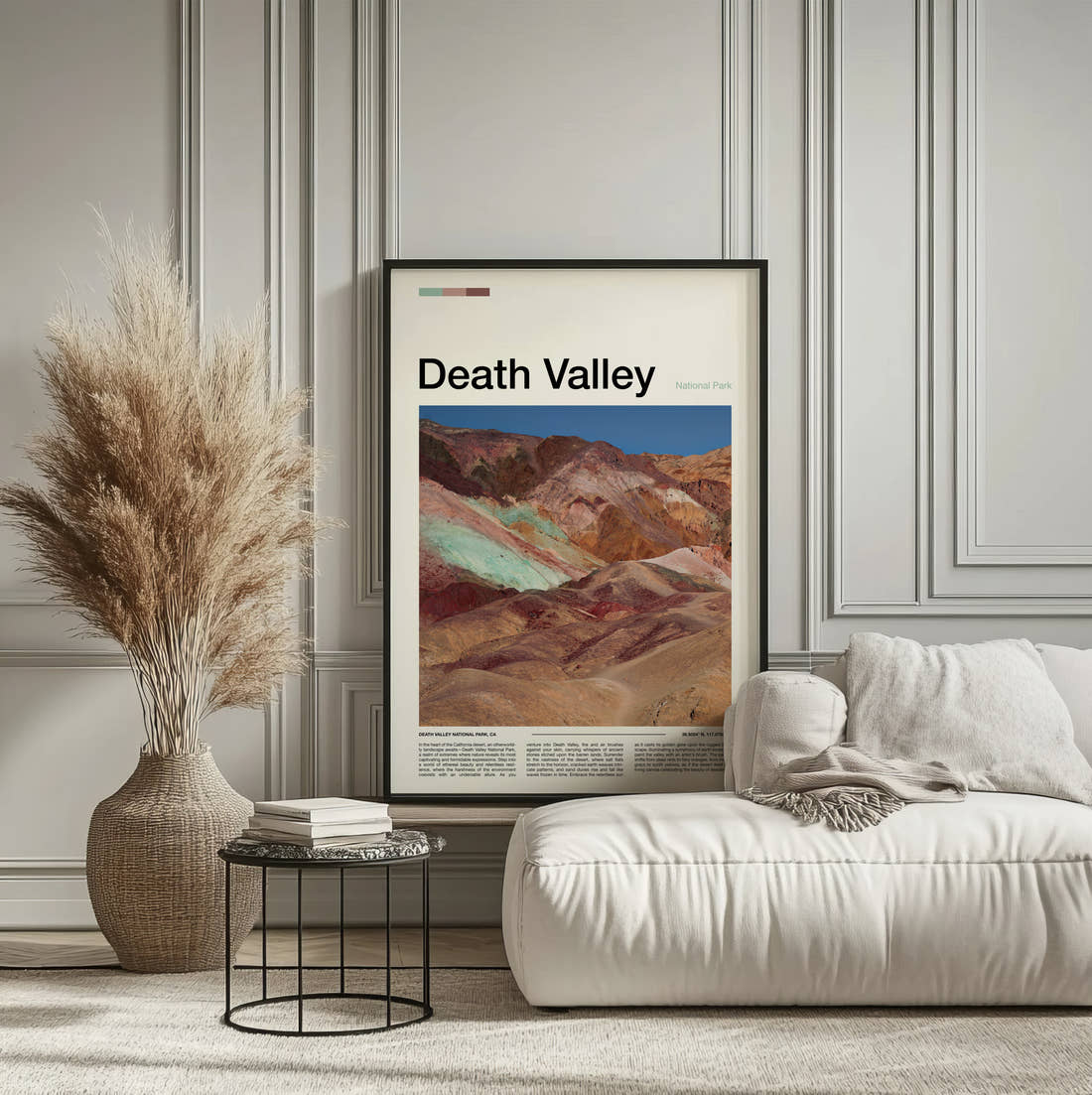 Death Valley Colourful Mineral Hills Travel Print framed on the wall of a calm, neutral bedroom