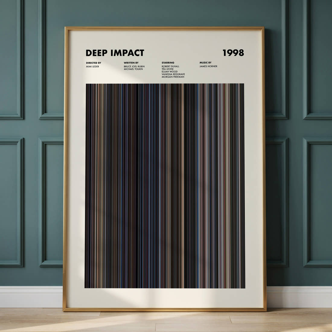 Deep Impact Movie Barcode Poster framed and leaning against a panelled wall