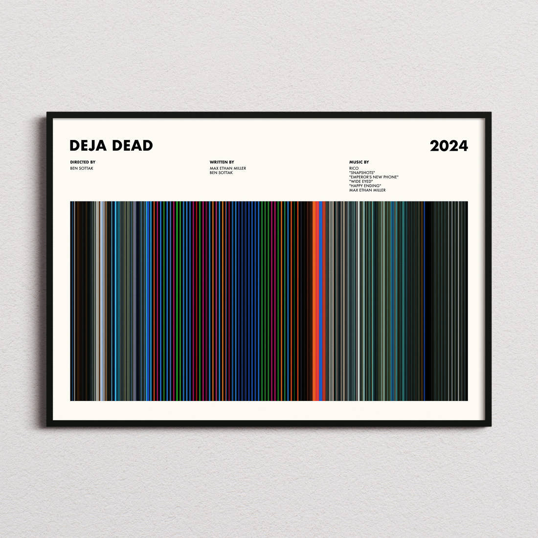 Deja Dead Movie Barcode Poster framed and photographed straight on