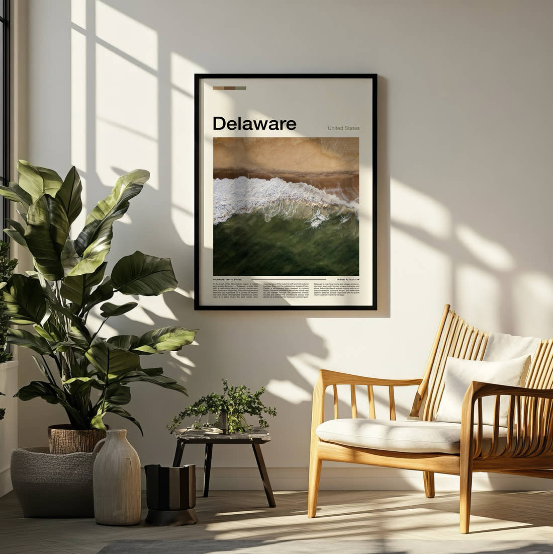Delaware Breaking Wave From Above Travel Print framed on a pale wall beside houseplants