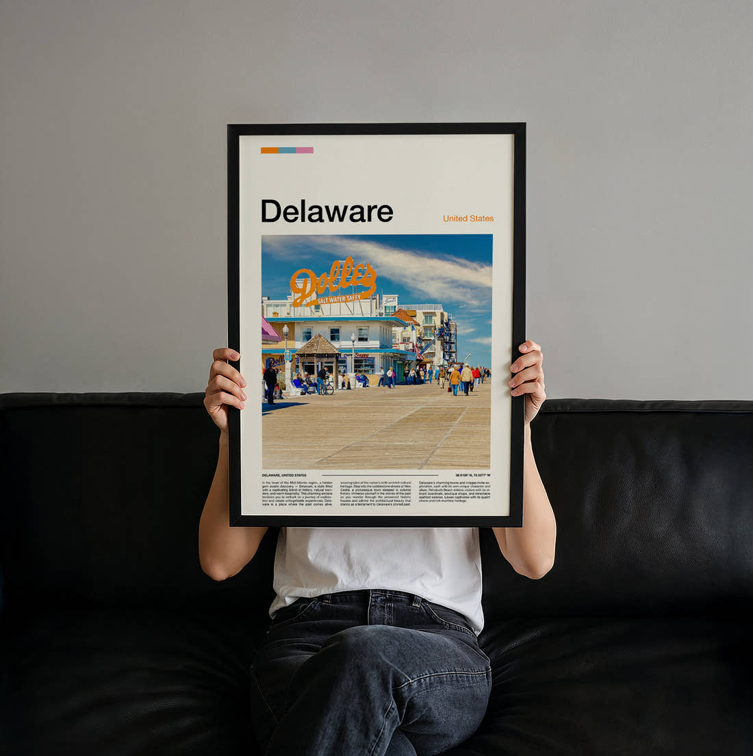 Delaware Seaside Boardwalk Travel Print held up by hand to show the size of the print