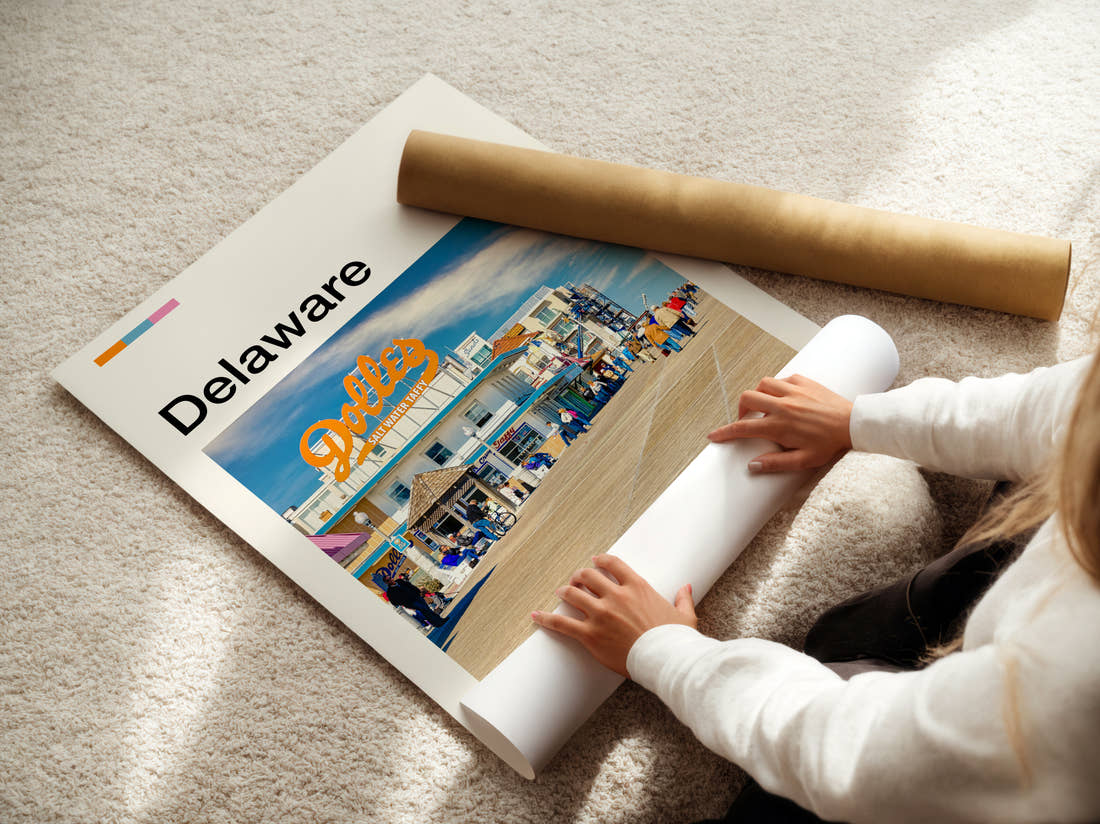 Delaware Seaside Boardwalk Travel Print being unrolled from its postal tube