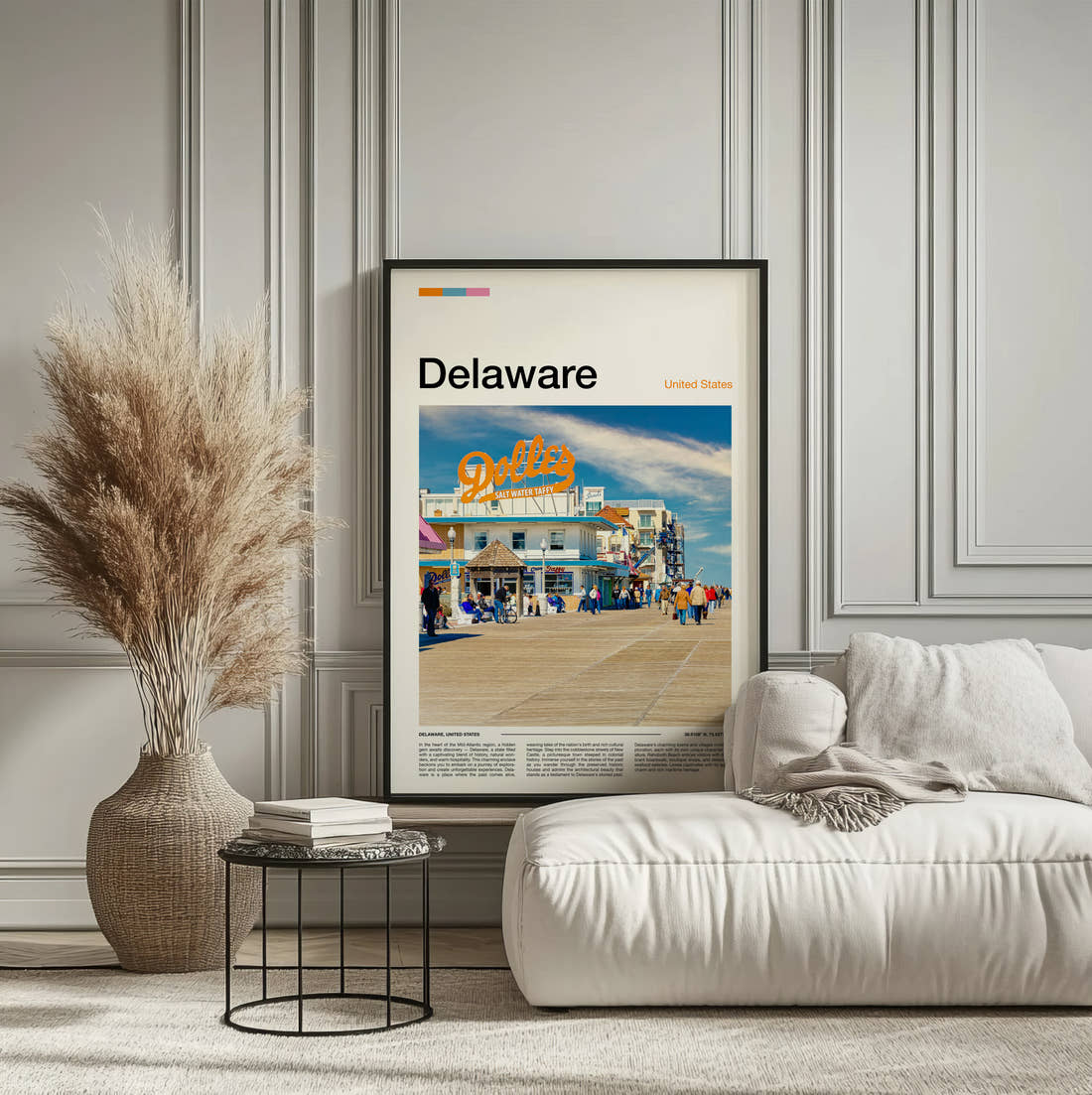 Delaware Seaside Boardwalk Travel Print framed on the wall of a calm, neutral bedroom