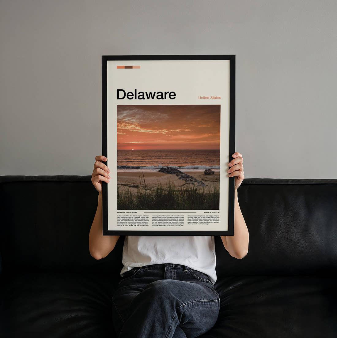 Delaware Sunset Over The Beach Travel Print held up by hand to show the size of the print