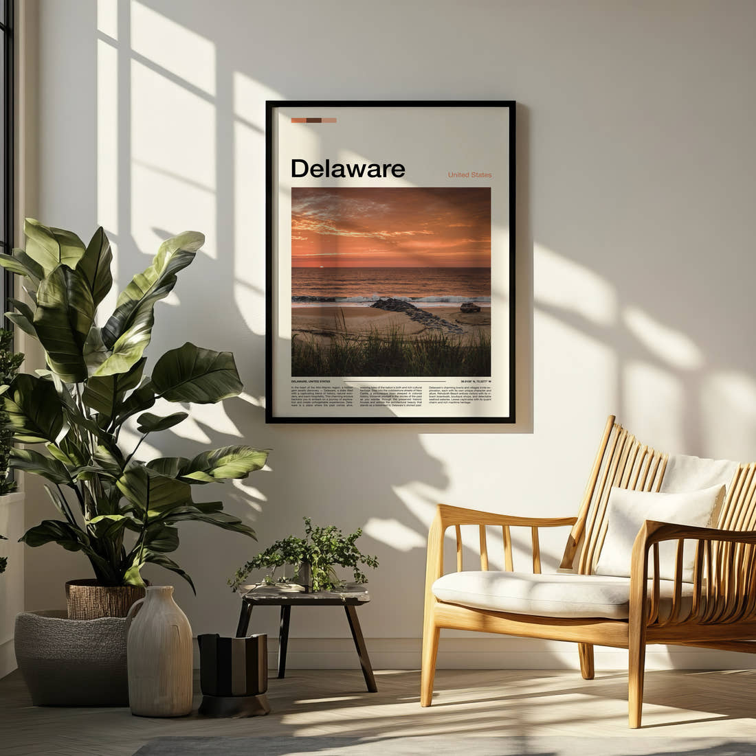 Delaware Sunset Over The Beach Travel Print framed on a pale wall beside houseplants