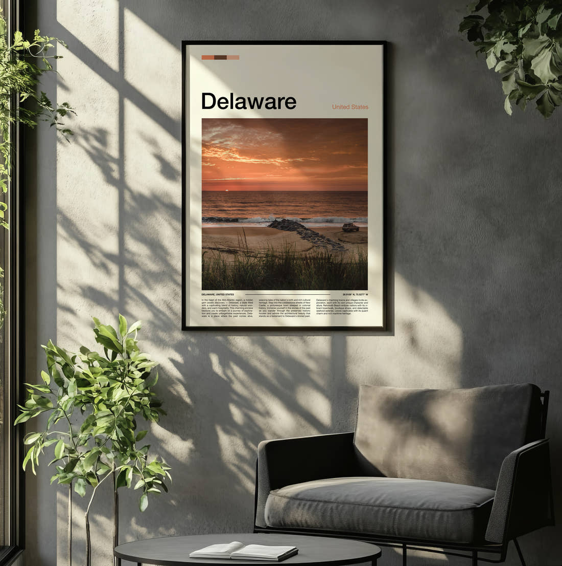 Delaware Sunset Over The Beach Travel Print framed on the wall of a relaxed living room
