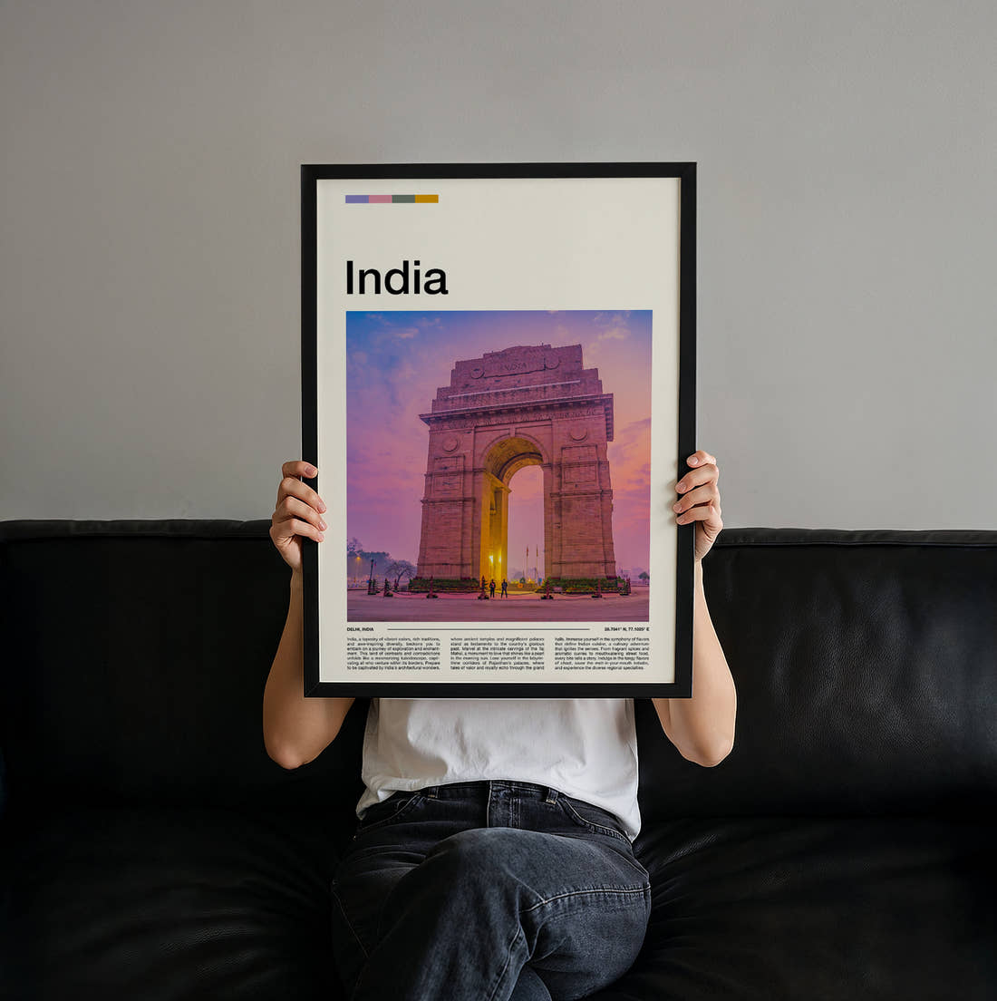 Delhi India Gate Travel Print held up by hand to show the size of the print