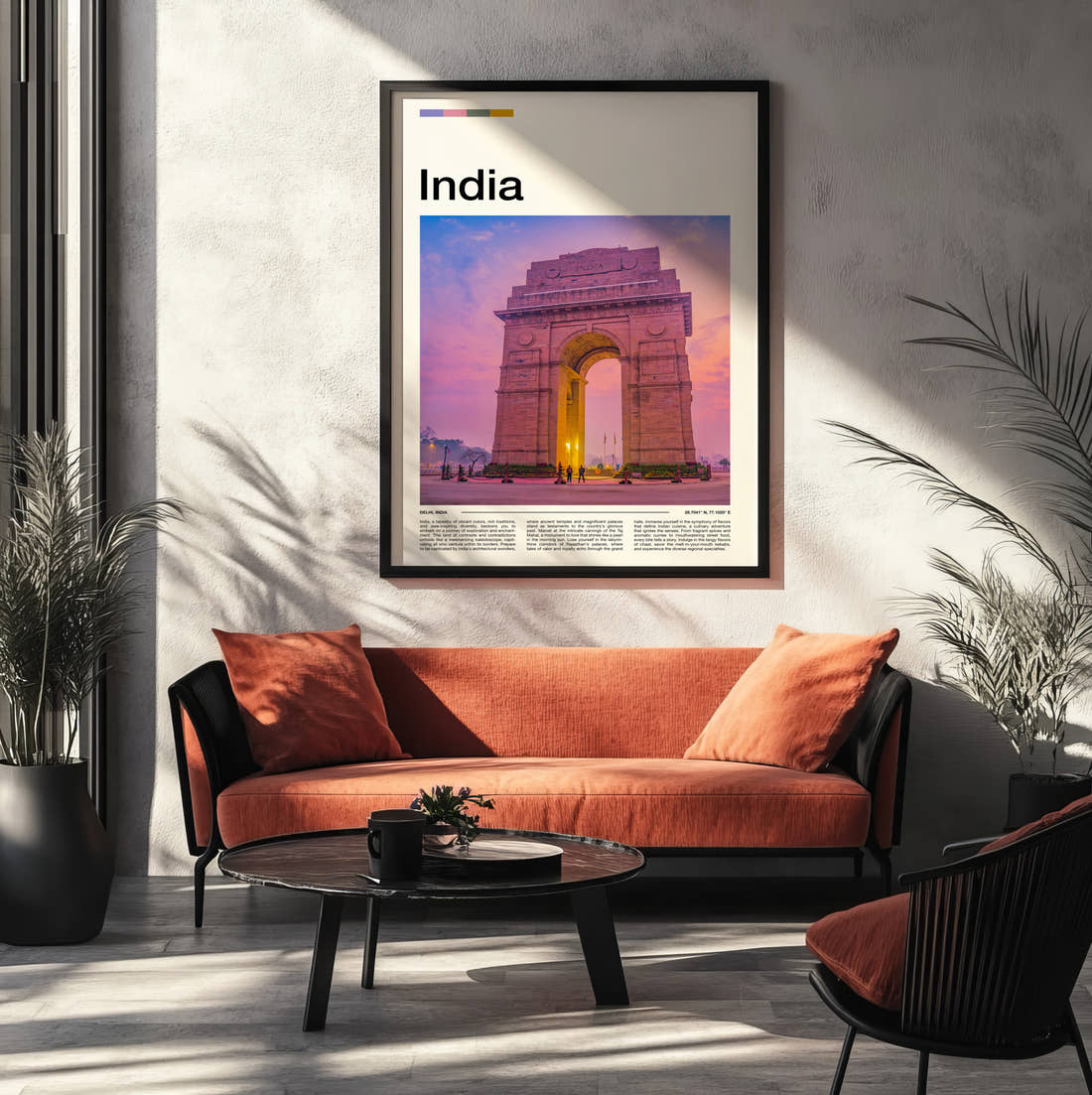 Delhi India Gate Travel Print framed on the wall of a modern living room